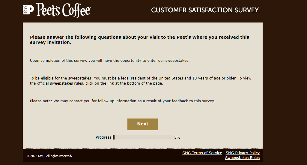Peet's coffee sweepstakes - Peet’s customer satisfaction survey
